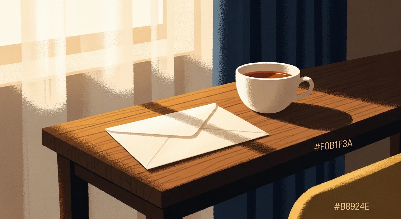 A cream envelope resting on a wooden table at sunrise — quiet, hopeful illustration in the Legacy Academy palette.